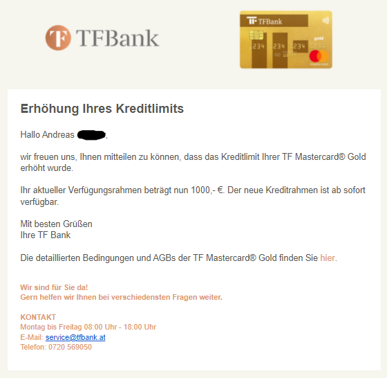 TF Bank Kreditkarte - Kreditkarten Limit bzw. Rahmen